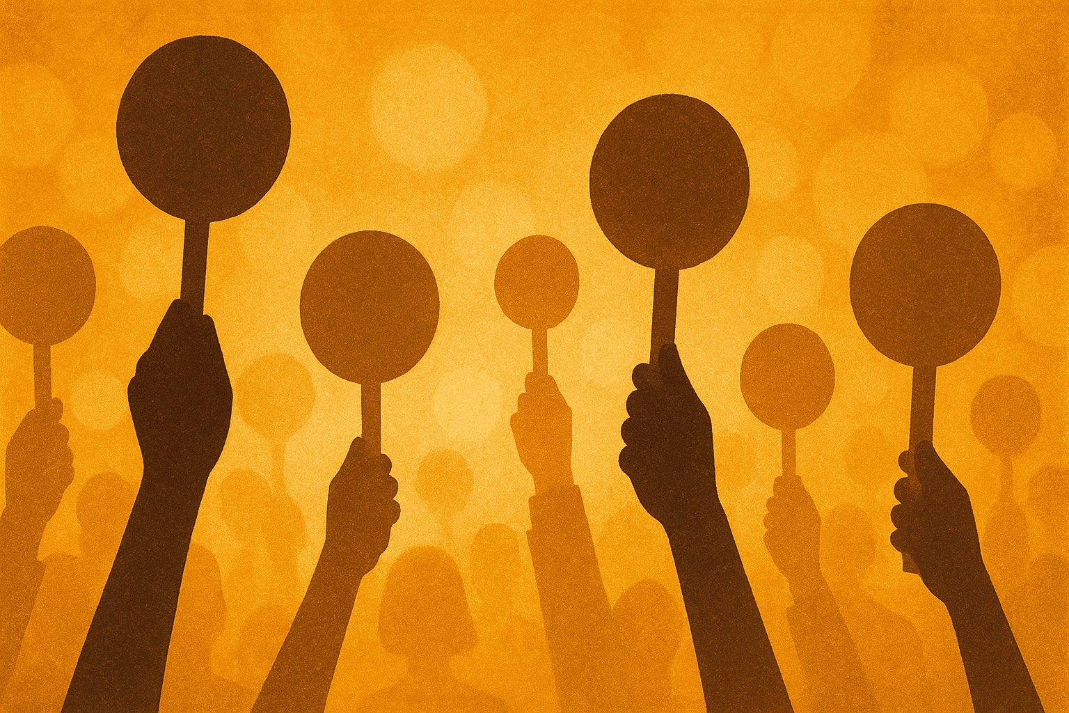 illustration of people holding up bid paddles at an auction
